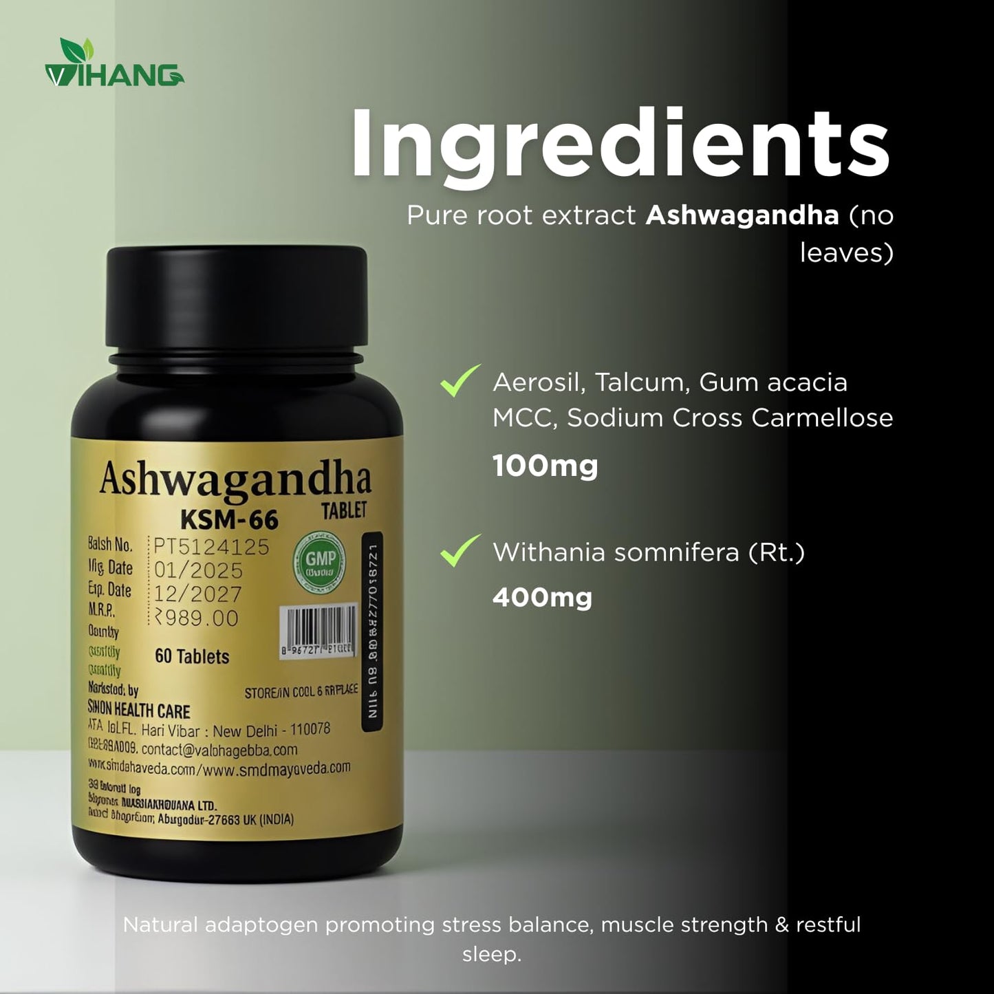 Ashwagandha KSM-66 Tablets | Pure Root Extract | Stress & Anxiety Relief, Better Sleep, Energy & Endurance Boost | Natural Adaptogen for Men & Women | 60 Vegetarian Tablets